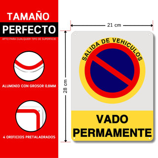 LEIASA Cartel Vado Permamente - 21x28 cm - Aluminio Reflectante - Grosor 0.8 mm - Resistente Exterior - Impresión UV - Señal Prohibido Aparcar - Llamamos Grúa - Metal Duradero (Vado Permamente)