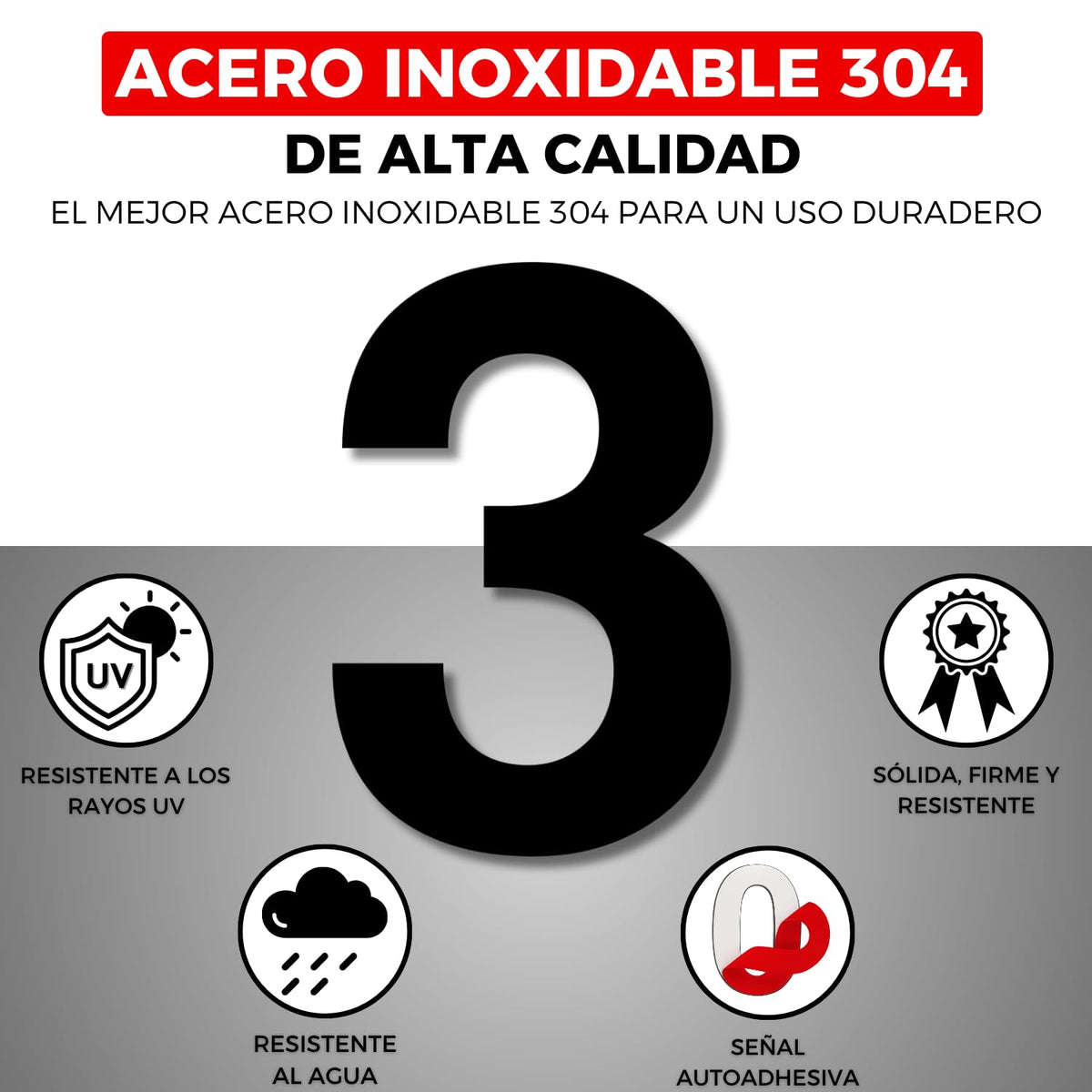 LEIASA | Numéro Adhésif Maison - 100 mm - Acier Inoxydable 304 - Nº 3 
