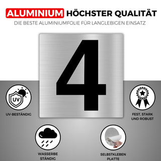 LEIASA | Selbstklebende Hausnummer - 10x10 cm - Aluminium - Nr. 4 - Wo