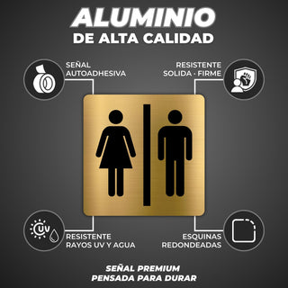 LEIASA | Señal Baño Unisex - 10x10 cm - Aluminio - Placa Aseo Mixto - Cartel Adhesivo Cuadrado - Indicador Puerta Servicios Compartidos - Grosor 0.8mm - (Baño Hombre Mujer)