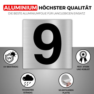 LEIASA | Selbstklebende Hausnummer - 10x10 cm - Aluminium - Nr. 9 - Wo