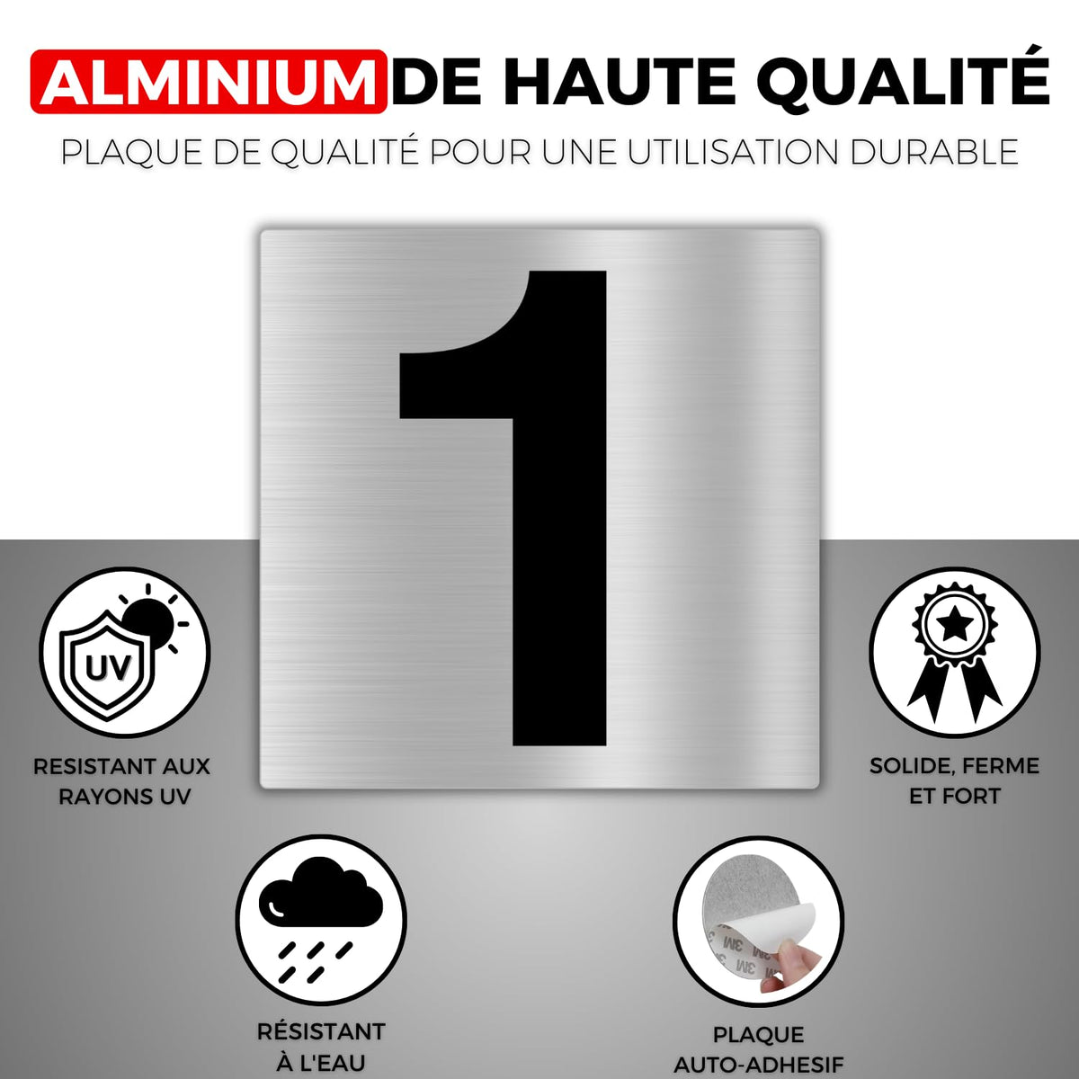 LEIASA | Numéro Autocollant Maison - 10x10 cm - Aluminium - N° 1 - Num