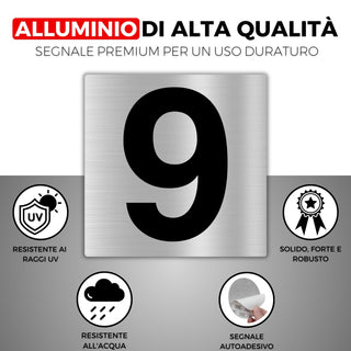 LEIASA | Numero Civico Adesivo - 10x10 cm - Alluminio - Nº 9 - Numero 