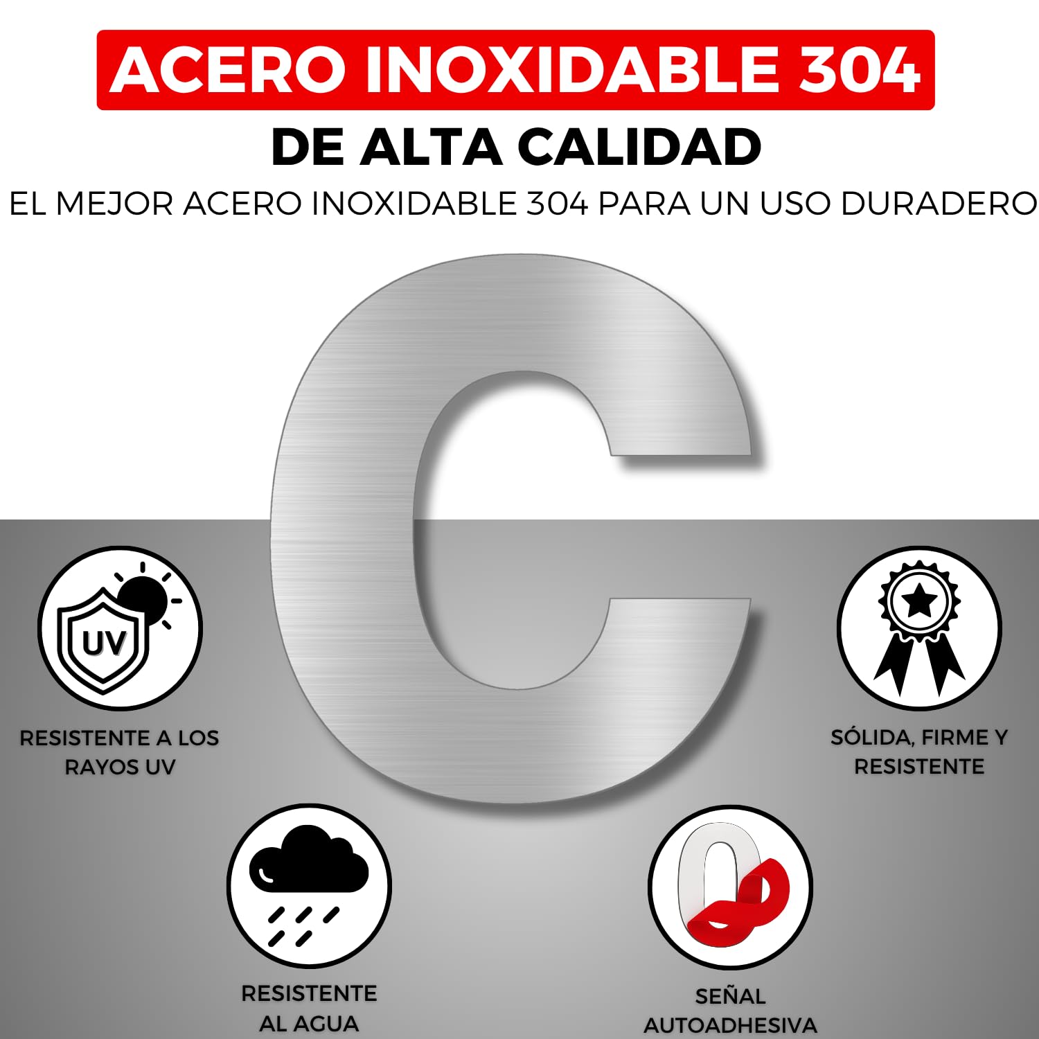 LEIASA | Número Adhesivo - 150 mm - Acero Inoxidable 304 - Nº C - Número Hotel - Enumeración Apartamento Puertas - Número Casa Dirección - Exterior e Interior - Gris C (c, 150mm)