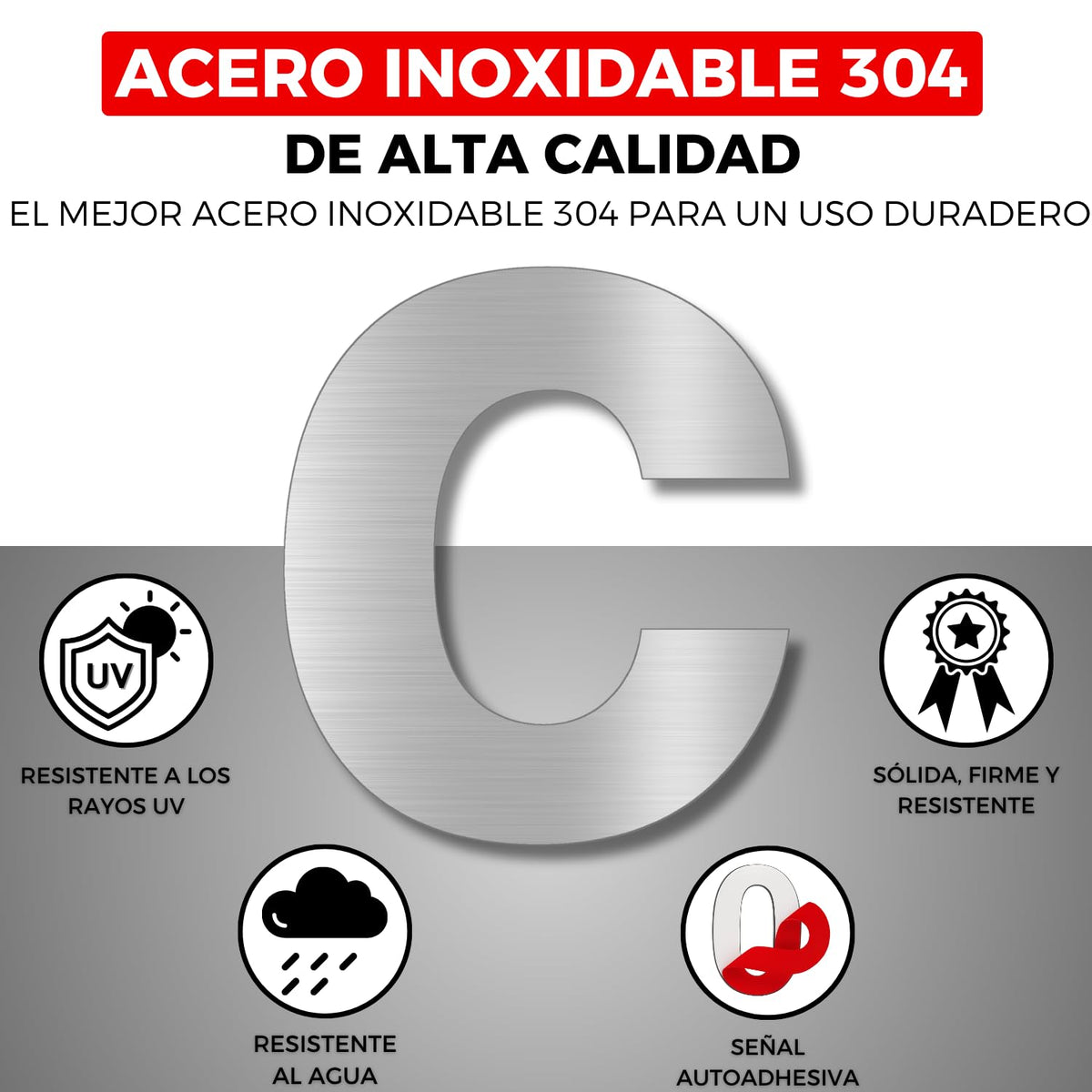 LEIASA | Numéro Adhésif Maison - 150 mm - Acier Inoxydable 304 - Nº C 