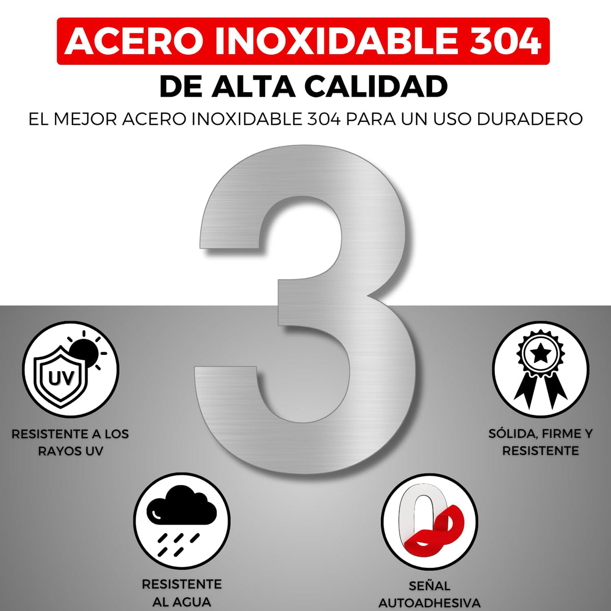 LEIASA | Numéro Adhésif Maison - 100 mm - Acier Inoxydable 304 - Nº 3 