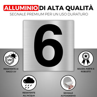 LEIASA | Numero Civico Adesivo - 10x10 cm - Alluminio - Nº 6 - Numero 
