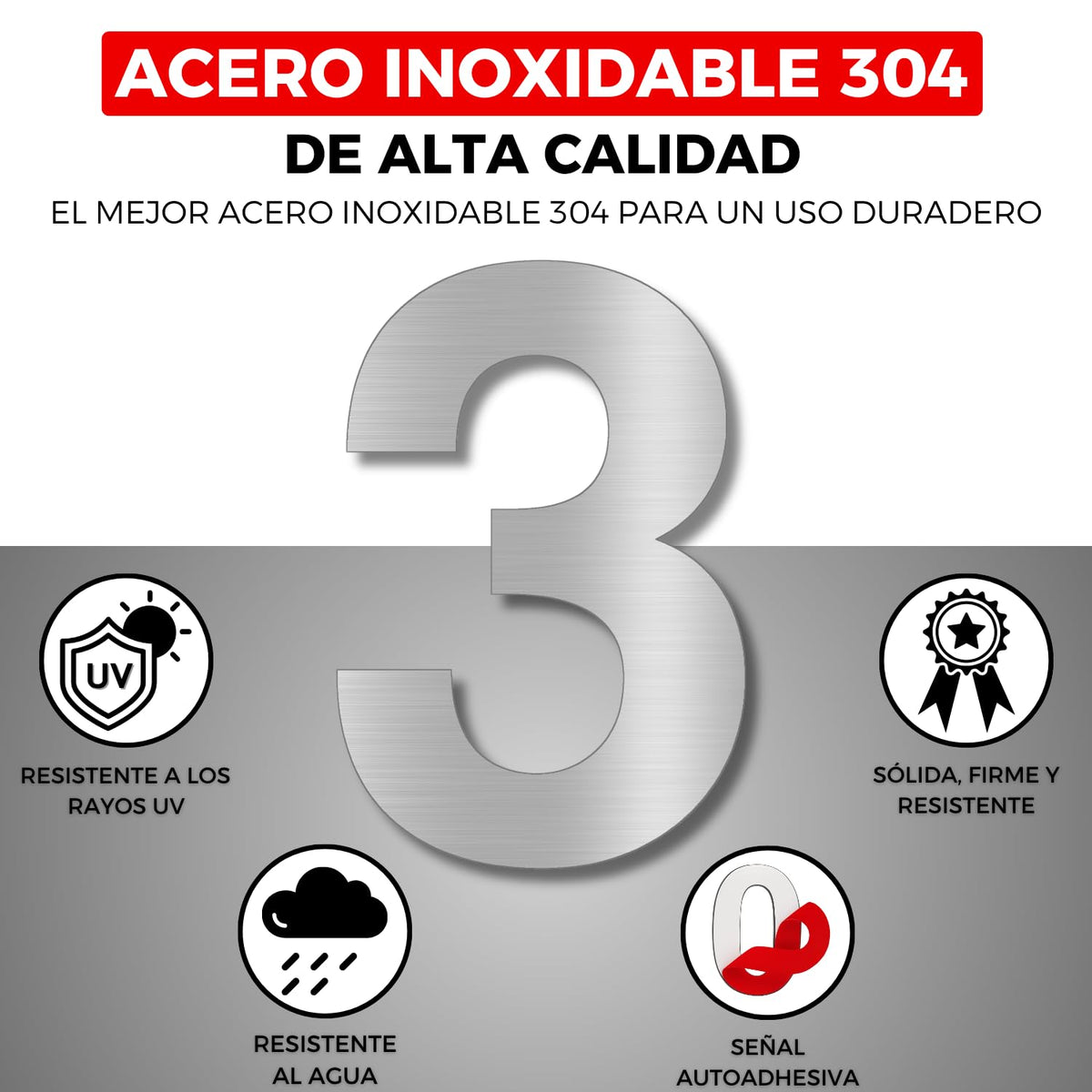 LEIASA | Numéro Adhésif Maison - 150 mm - Acier Inoxydable 304 - Nº 3 