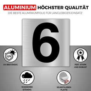 LEIASA | Selbstklebende Hausnummer - 10x10 cm - Aluminium - Nr. 6 - Wo