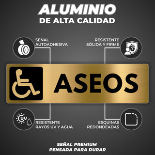 LEIASA | Señal Baño Discapacidad - 5x18 cm - Aluminio - Cartel Aseo Minusválidos - Rótulo Servicios Accesibles - Letrero Baño Adaptado - Señalización WC - Grosor 0.8 mm - (Baño Discapacidad)
