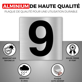 LEIASA | Numéro Autocollant Maison - 10x10 cm - Aluminium - N° 9 - Num
