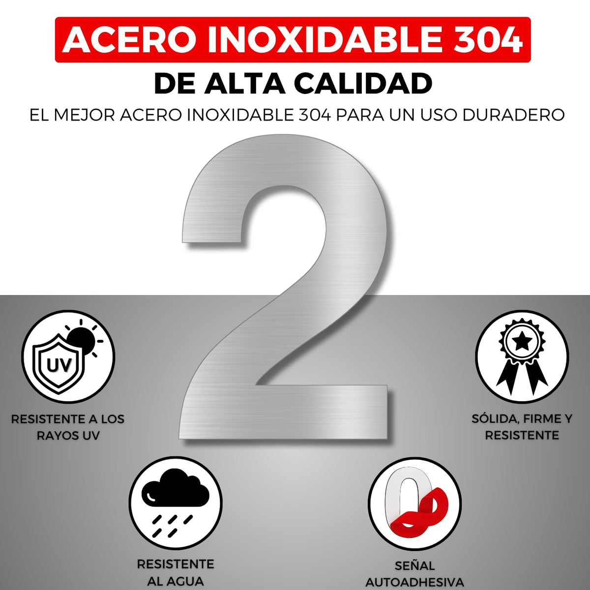LEIASA | Numéro Adhésif Maison - 150 mm - Acier Inoxydable 304 - Nº 2 