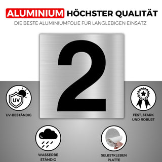 LEIASA | Selbstklebende Hausnummer - 10x10 cm - Aluminium - Nr. 2 - Wo