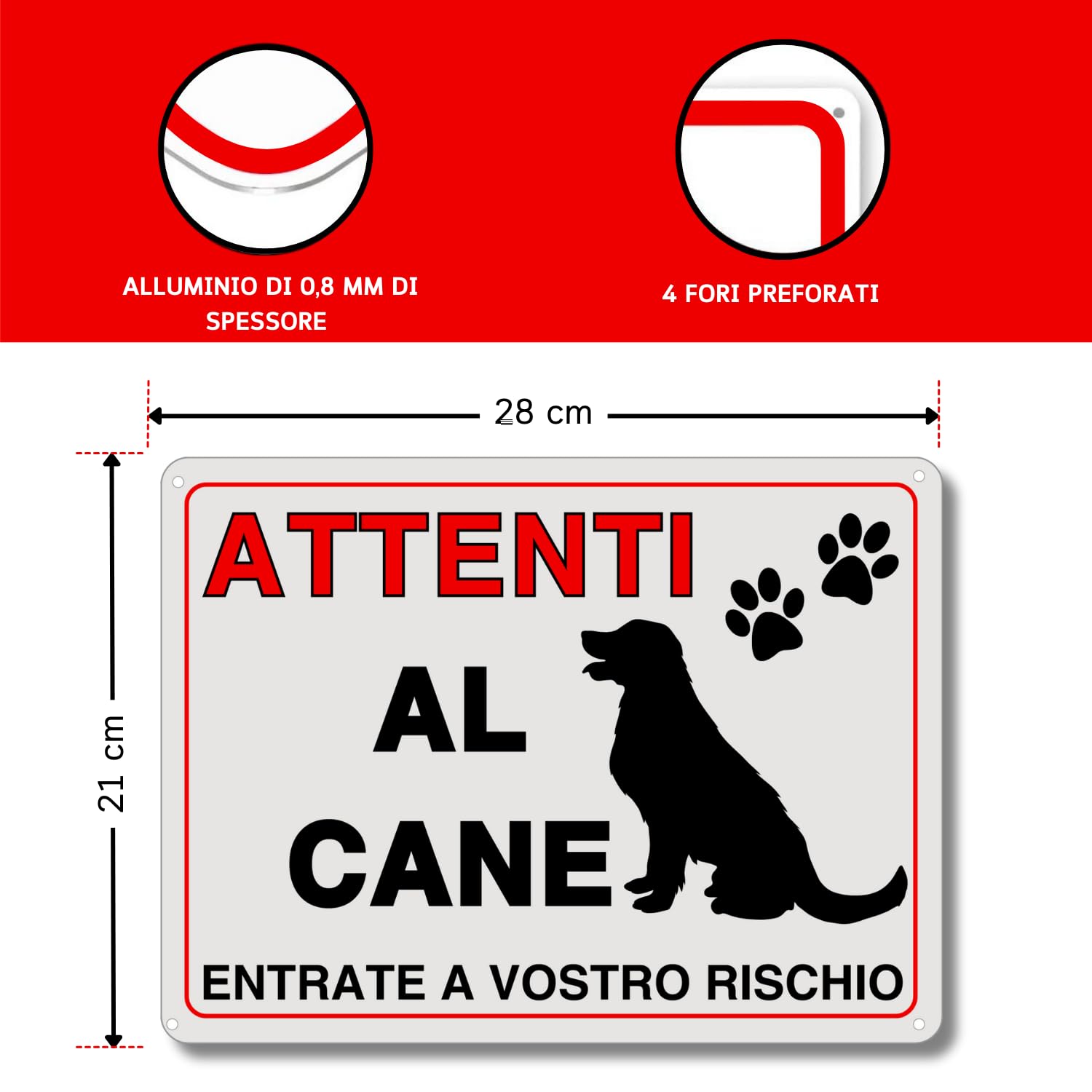 LEIASA : Segnale di pericolo per i cani - 21x21 cm - Alluminio riflett