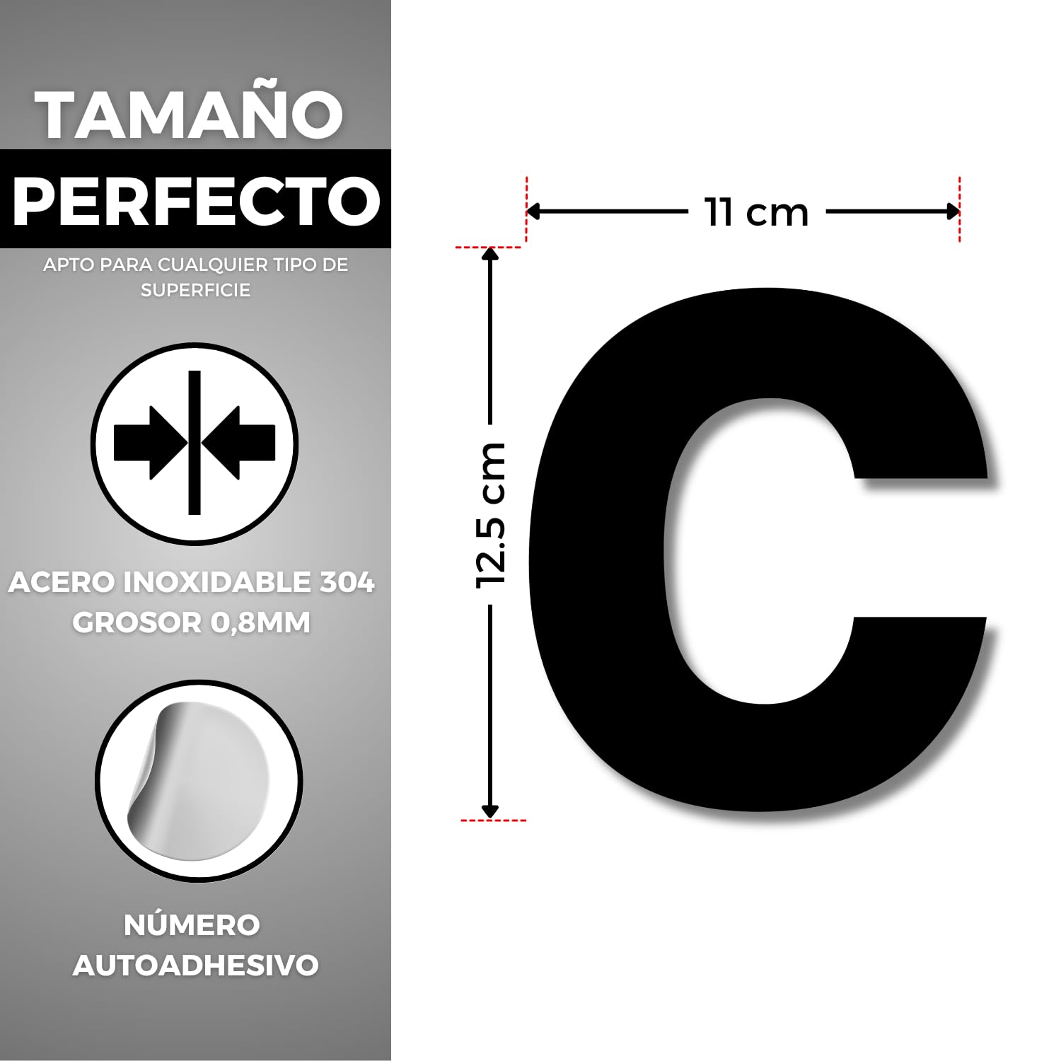 LEIASA | Número Adhesivo Casa - 150 mm - Acero Inoxidable 304 - Nº C - Número Apartamento Hotel - Enumeración Puertas - Número dirección - Exterior e Interior - Número C (c, 150 mm)
