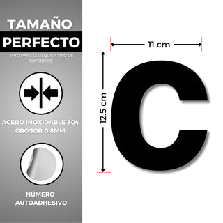 LEIASA | Número Adhesivo Casa - 150 mm - Acero Inoxidable 304 - Nº C - Número Apartamento Hotel - Enumeración Puertas - Número dirección - Exterior e Interior - Número C (c, 150 mm)