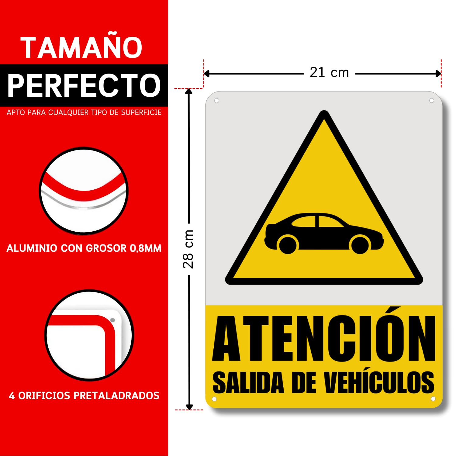 LEIASA Cartel Salida Vehículos - 21x28 cm - Aluminio - Reflectante - Grosor 0.8 mm - Señal Salida Vehículos - Impresión UV - Resistente Exterior