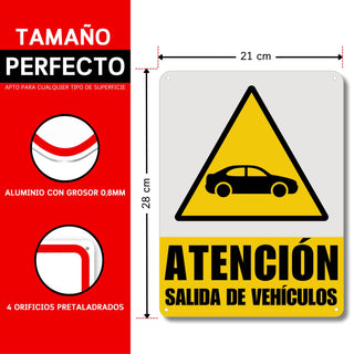 LEIASA Cartel Salida Vehículos - 21x28 cm - Aluminio - Reflectante - Grosor 0.8 mm - Señal Salida Vehículos - Impresión UV - Resistente Exterior