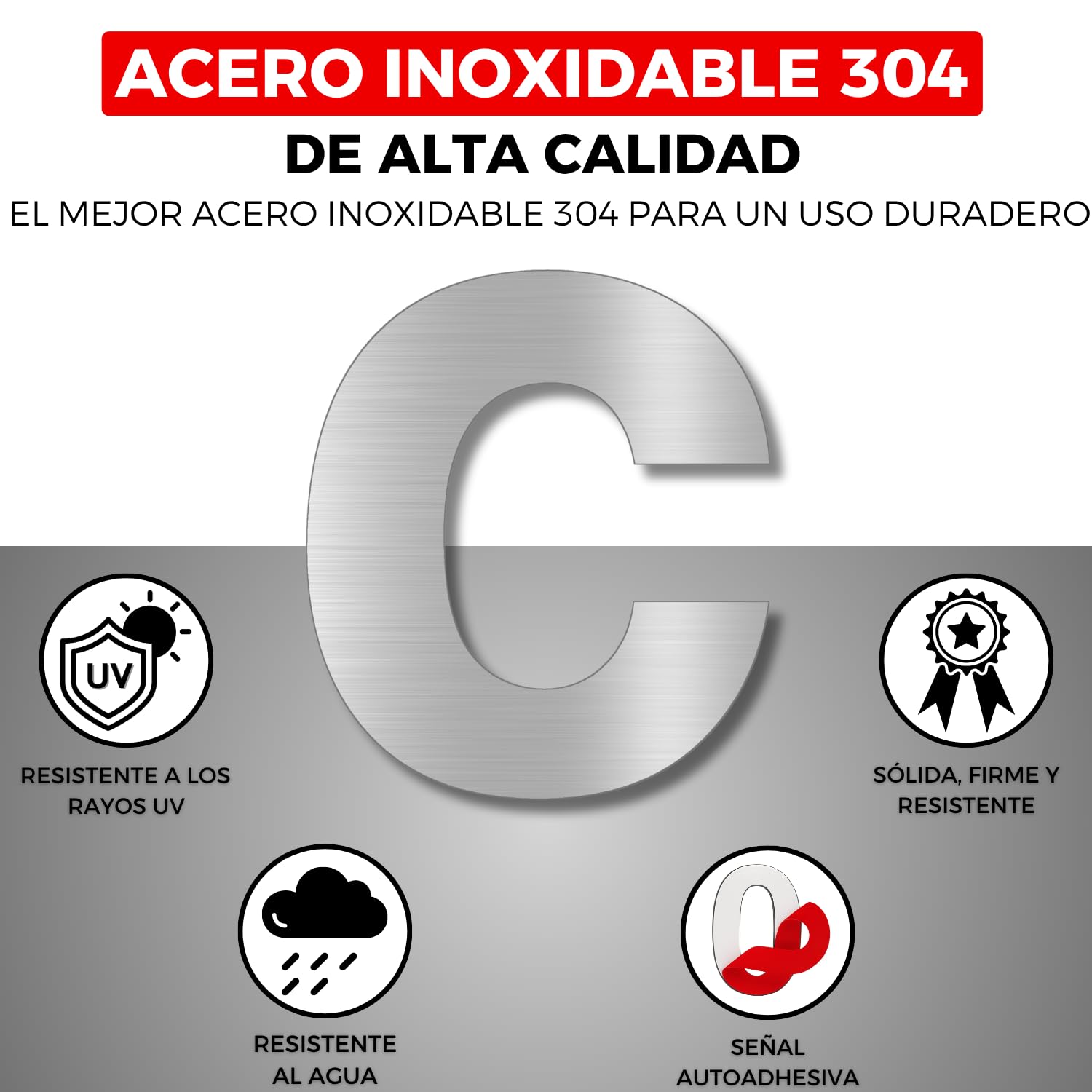 LEIASA | Número Adhesivo - 100 mm - Acero Inoxidable 304 - Nº C - Número Hotel - Enumeración Apartamento Puertas - Número Casa Dirección - Exterior e Interior - Gris C (c, 100mm)