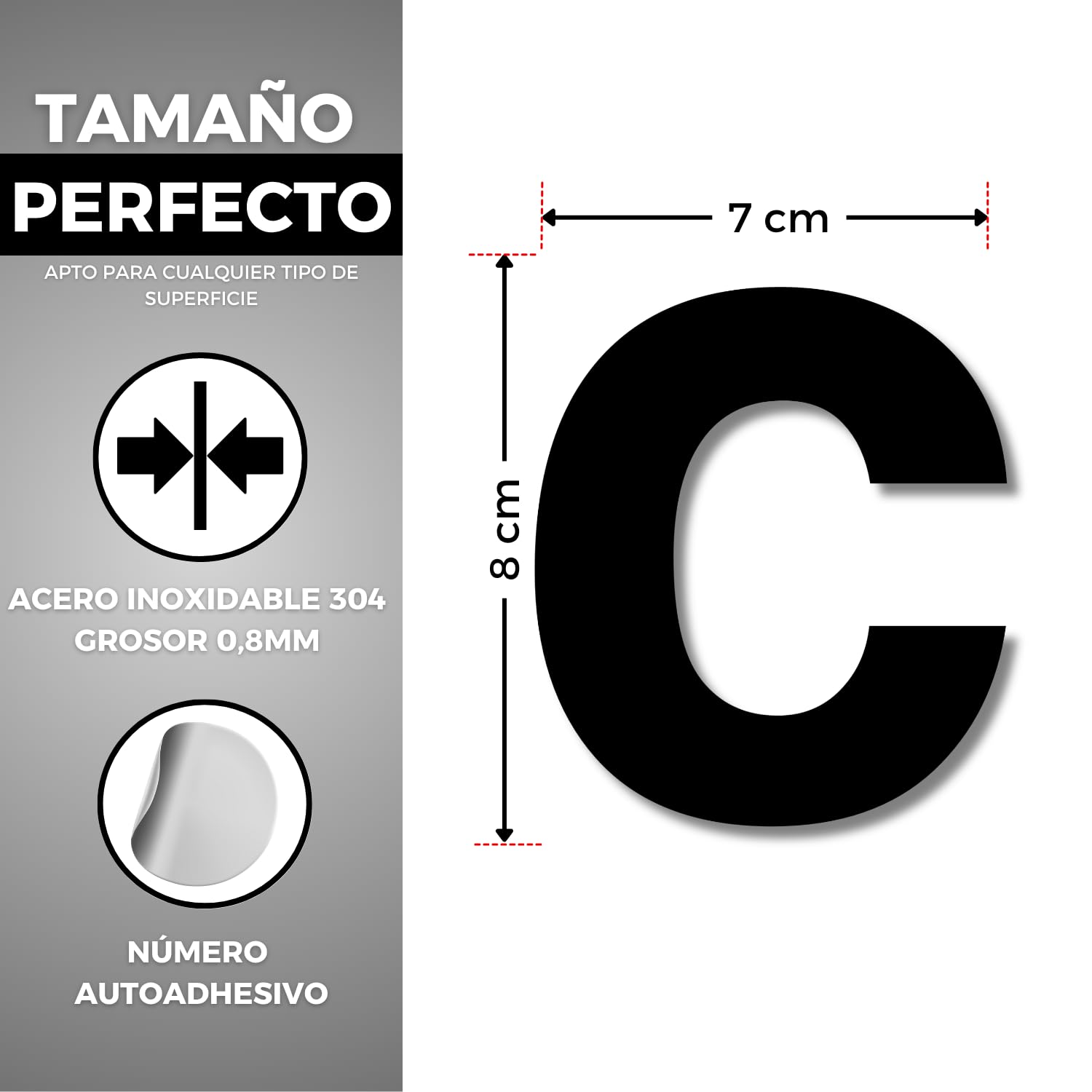 LEIASA | Numéro Adhésif Maison - 100 mm - Acier Inoxydable 304 - Nº C 