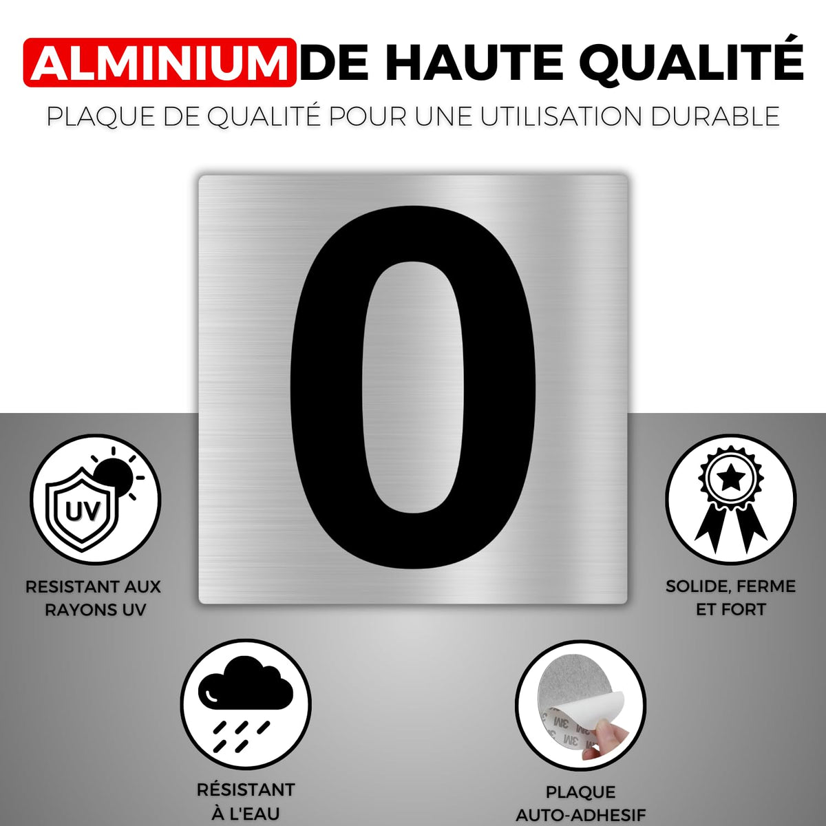 LEIASA | Numéro Autocollant Maison - 10x10 cm - Aluminium - N° 0 - Num