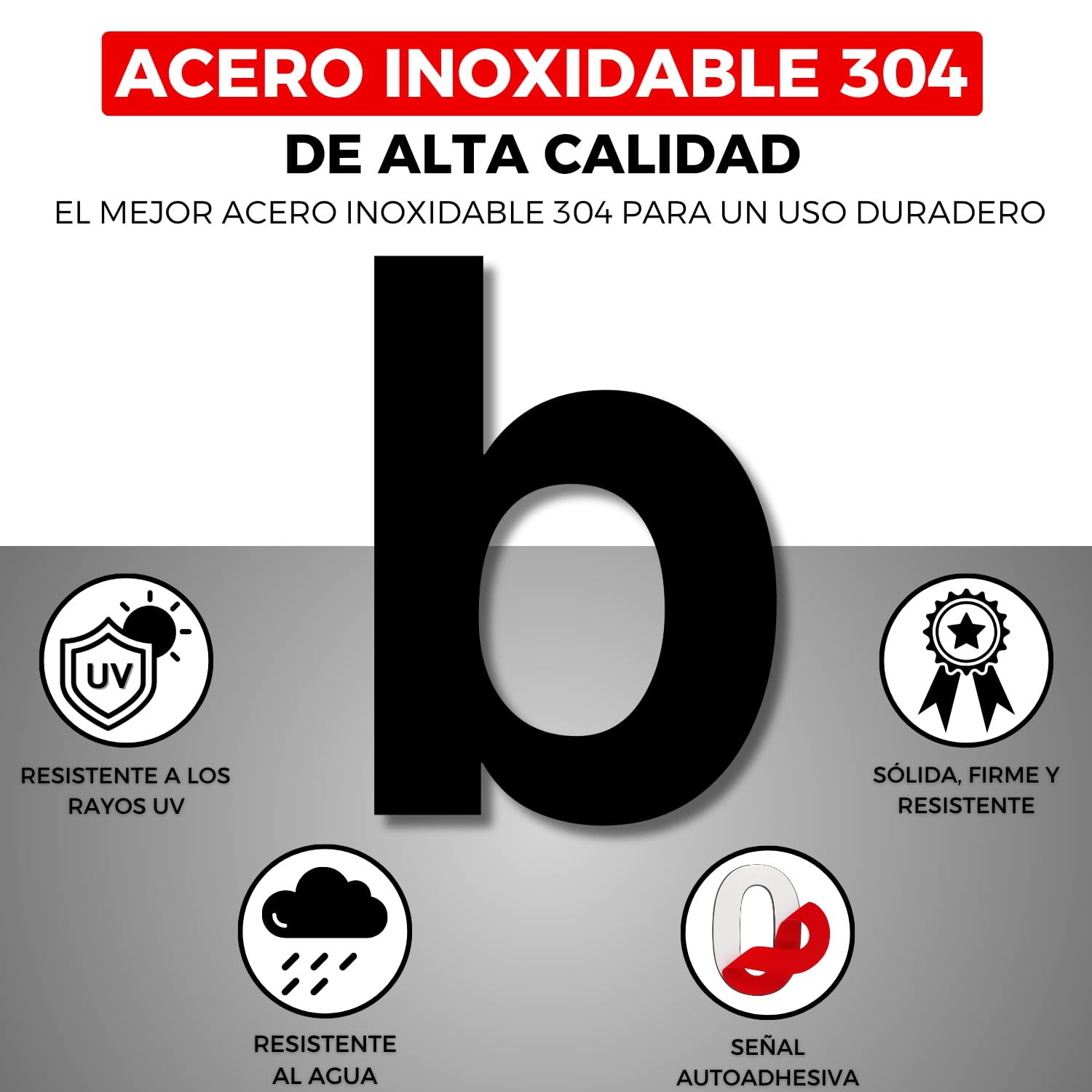 LEIASA | Número Adhesivo Casa - 100 mm - Acero Inoxidable 304 - Nº B - Número Apartamento Hotel - Enumeración Puertas - Número dirección - Exterior e Interior - Número B (b, 100 mm)
