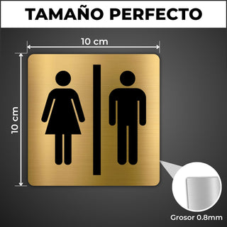 LEIASA | Señal Baño Unisex - 10x10 cm - Aluminio - Placa Aseo Mixto - Cartel Adhesivo Cuadrado - Indicador Puerta Servicios Compartidos - Grosor 0.8mm - (Baño Hombre Mujer)