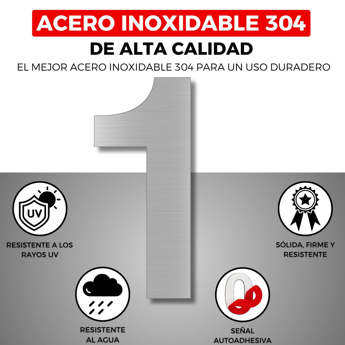 LEIASA | Numéro Adhésif Maison - 150 mm - Acier Inoxydable 304 - Nº 1 