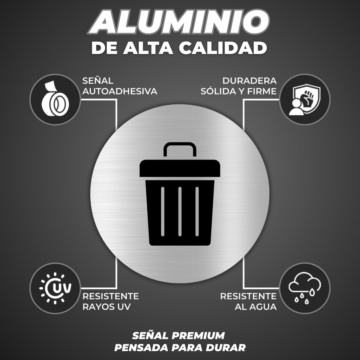 LEIASA | Cartello Cestino Rifiuti - 10x10 cm - Alluminio Argento - Tar