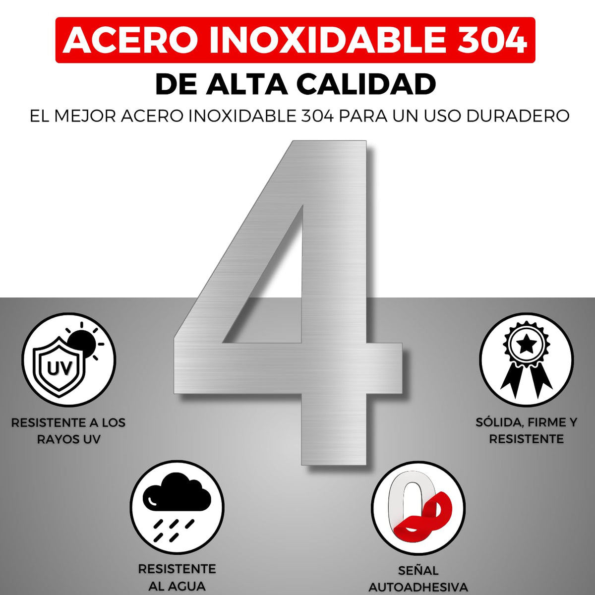 LEIASA | Numéro Adhésif Maison - 100 mm - Acier Inoxydable 304 - Nº 4 