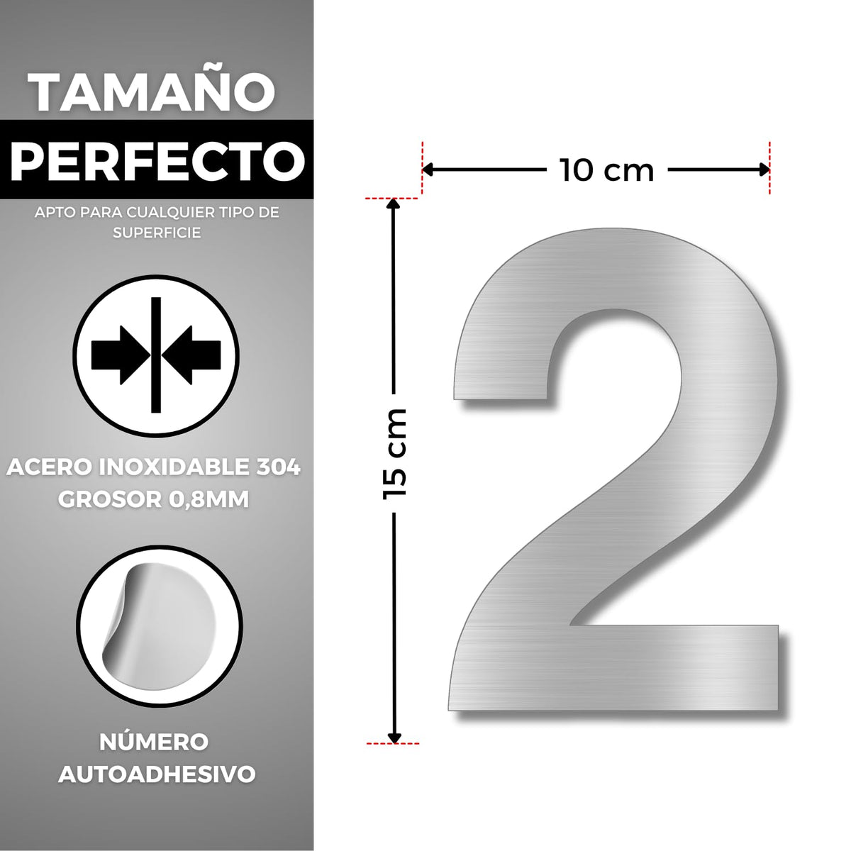 LEIASA | Numéro Adhésif Maison - 150 mm - Acier Inoxydable 304 - Nº 2 