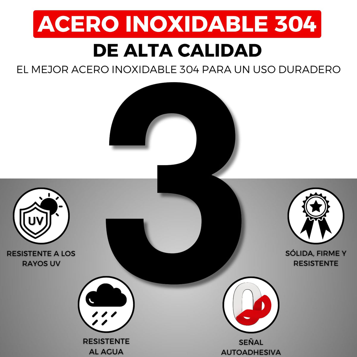 LEIASA | Numéro Adhésif Maison - 150 mm - Acier Inoxydable 304 - Nº 3 