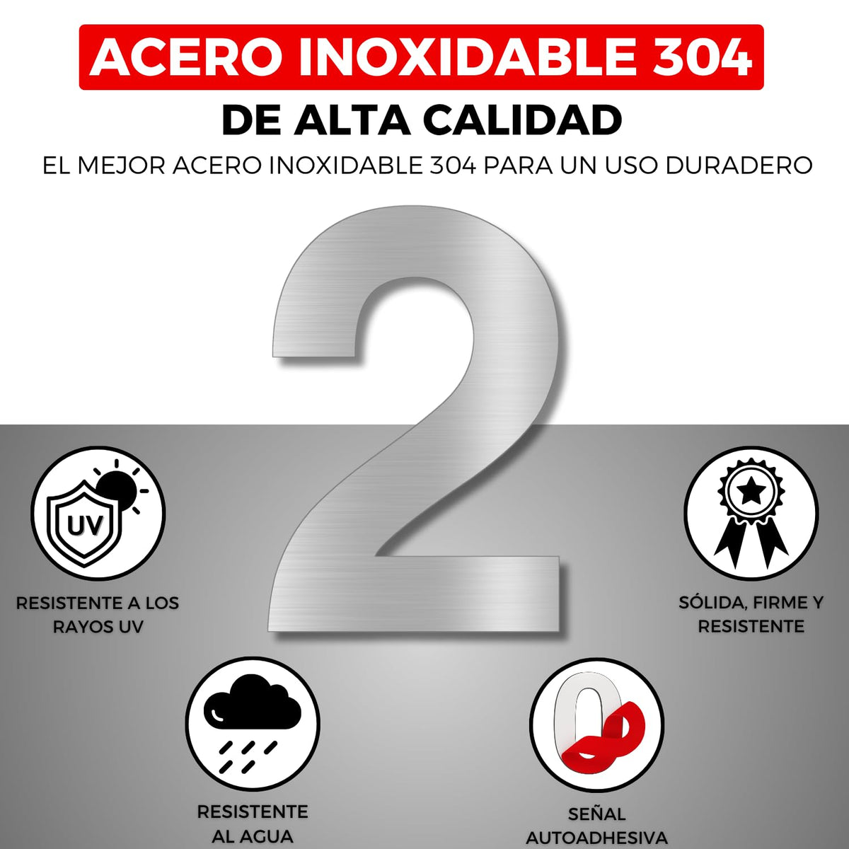 LEIASA | Numéro Adhésif Maison - 100 mm - Acier Inoxydable 304 - Nº 2 