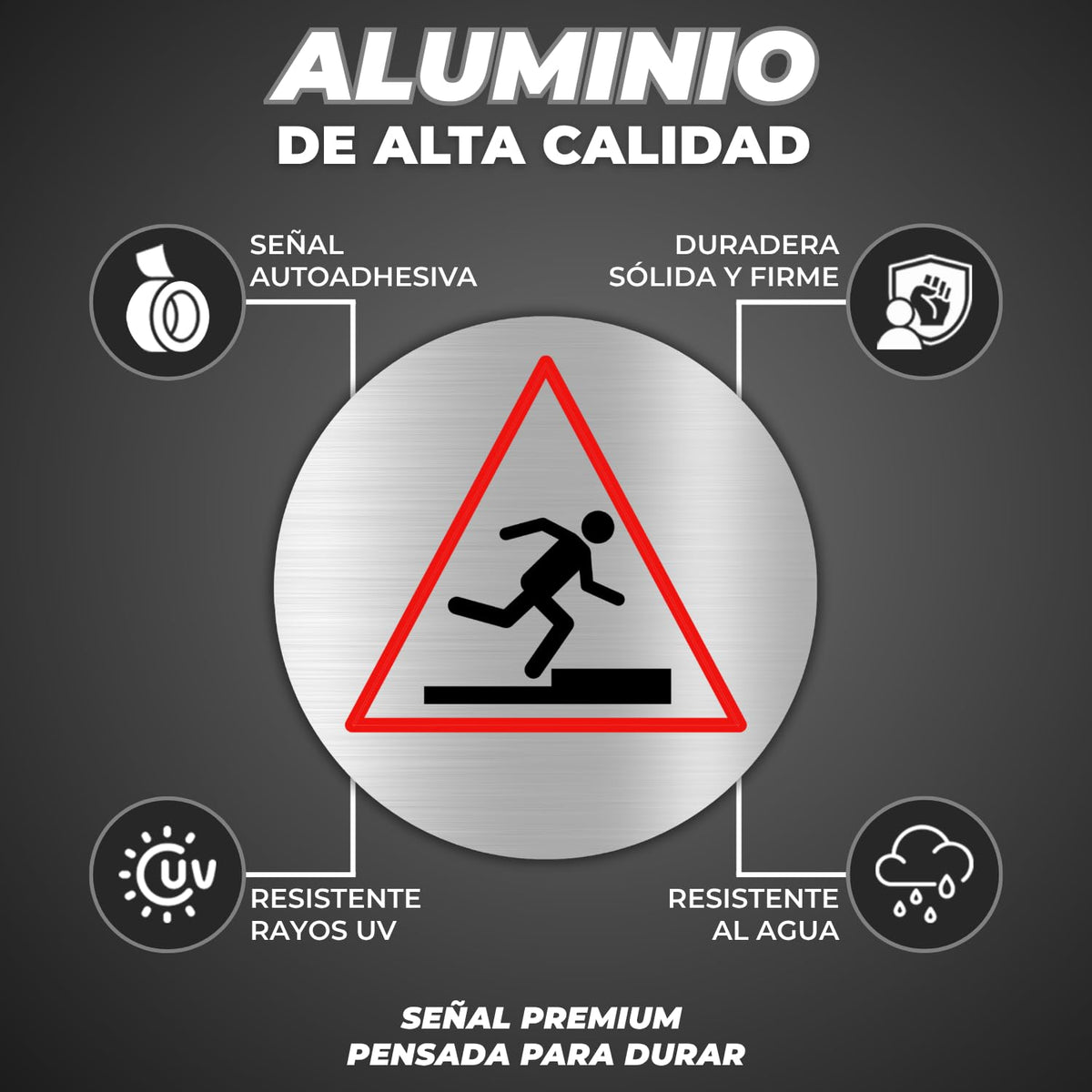 LEIASA | Cartello Attenzione Gradino · Alluminio Ø 10 cm