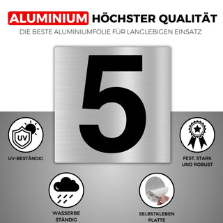 LEIASA | Selbstklebende Hausnummer - 10x10 cm - Aluminium - Nr. 5 - Wo
