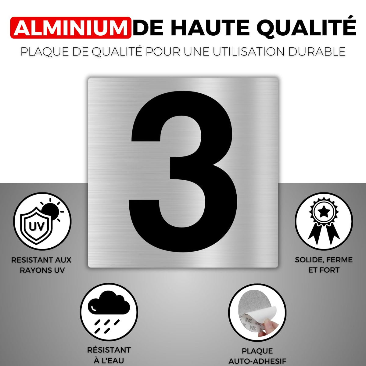 LEIASA | Numéro Autocollant Maison - 10x10 cm - Aluminium - N° 3 - Num