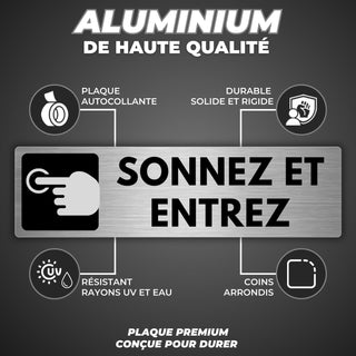 LEIASA | Plaque Sonnez et Entrez - 5x18 cm - Épaisseur 0,8 mm - Alumin
