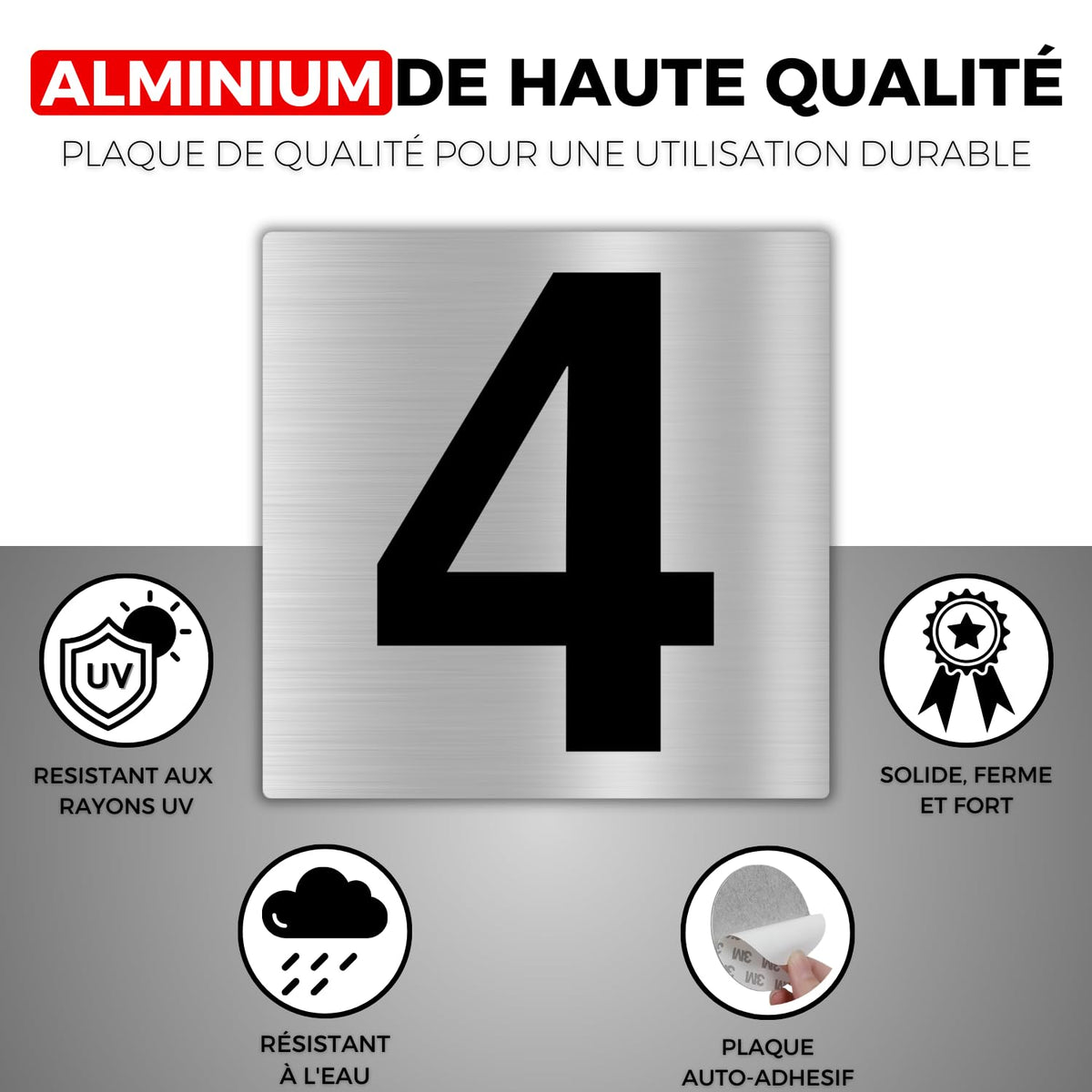LEIASA | Numéro Autocollant Maison - 10x10 cm - Aluminium - N° 4 - Num