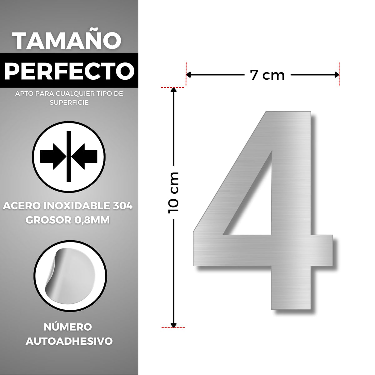 LEIASA | Numéro Adhésif Maison - 100 mm - Acier Inoxydable 304 - Nº 4 