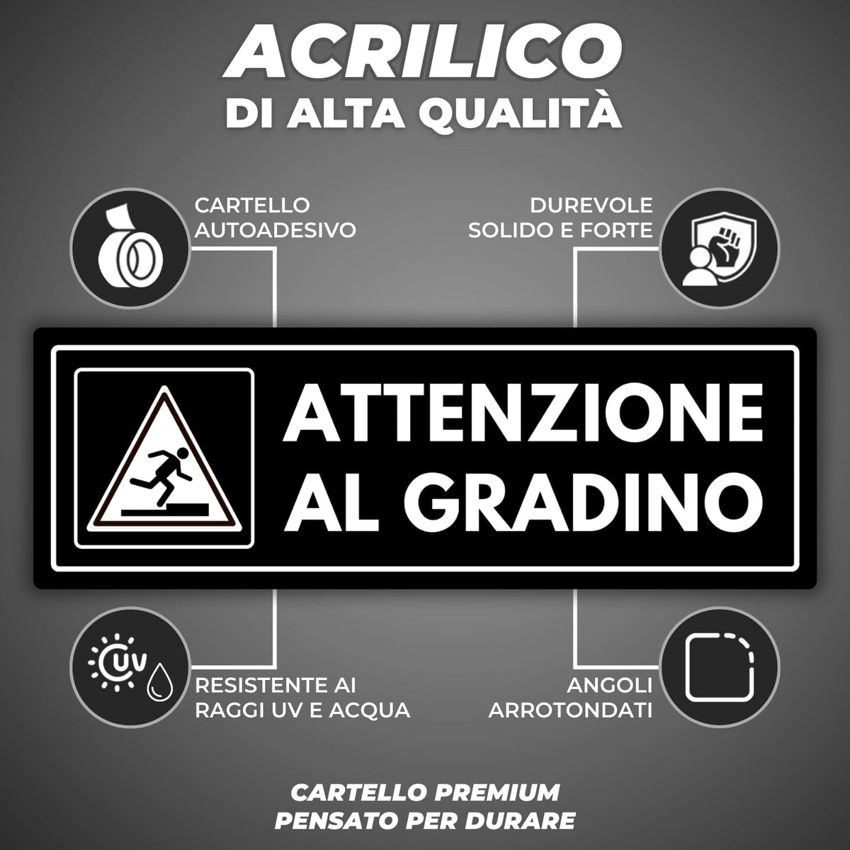 LEIASA | Segnale Attenzione Gradino - 7,5 x 23 cm - Spessore 2 mm - Ac