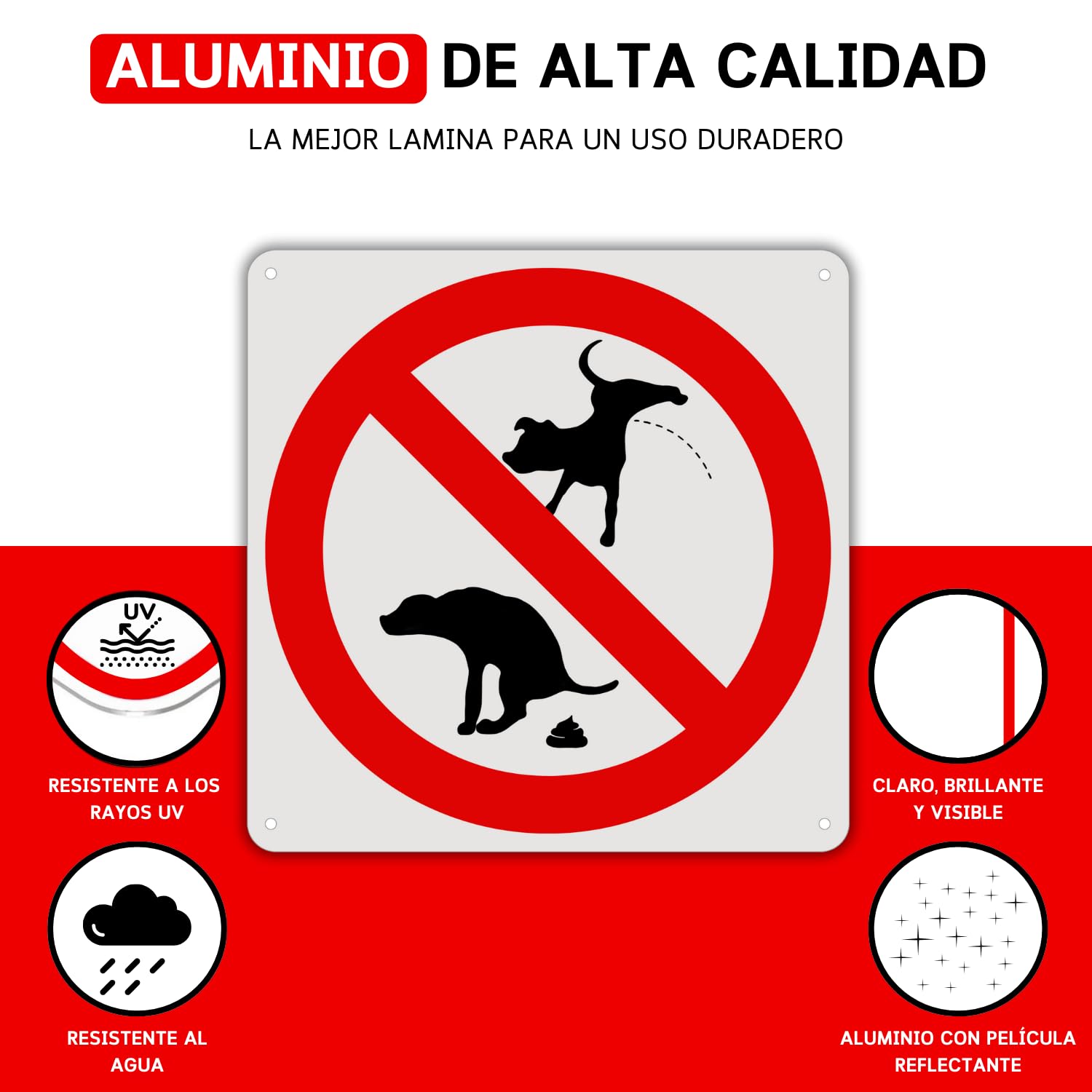 LEIASA | Cartel Prohibido Caca de Perro - 21x21 cm - Aluminio Reflectante - Grosor 0.8 mm - Apto Exterior e Interior - Impresión UV - Señal Prohibido Cagadas
