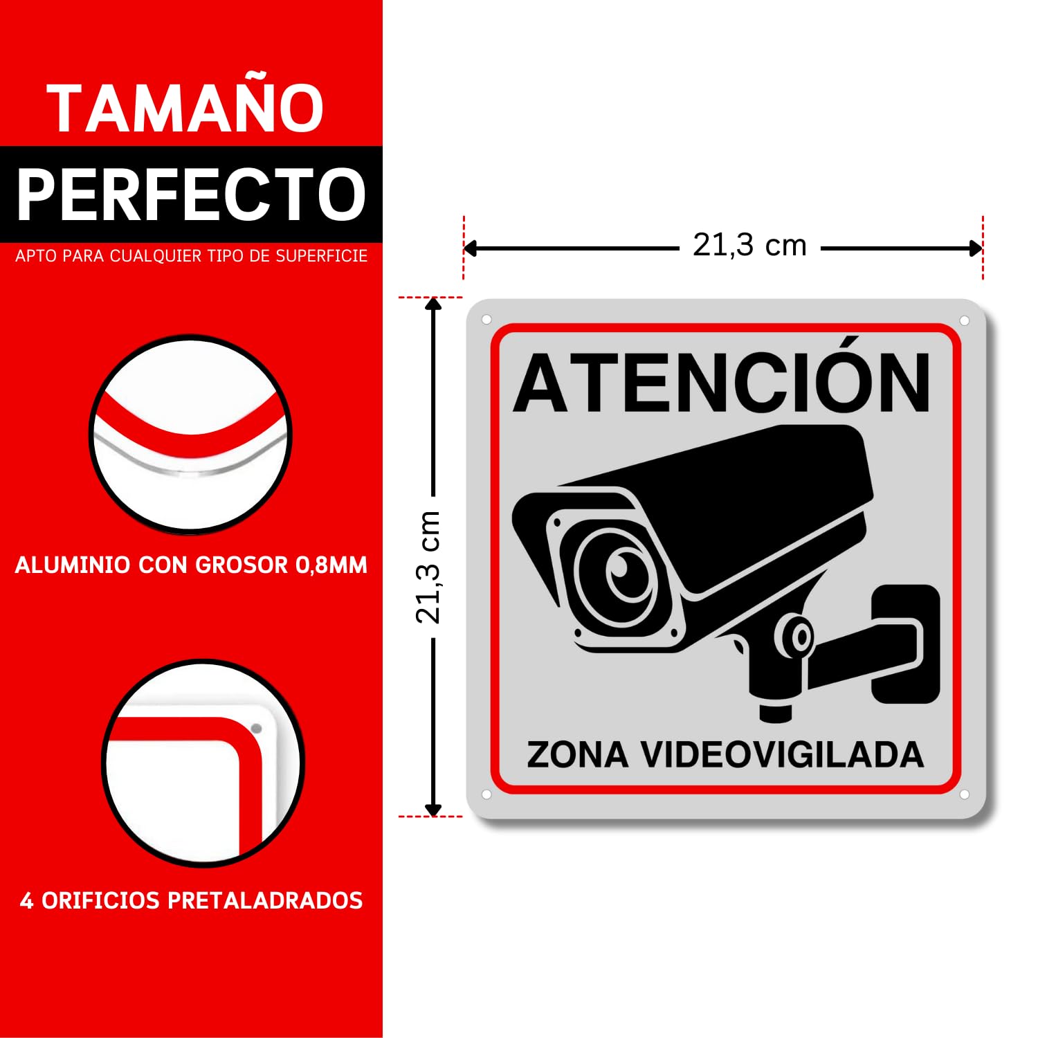 LEIASA Cartel Zona Videovigilada - 21x21 cm - Aluminio - Reflectante - Grosor 0.8 mm - Cartel Videovigilancia - Impresión UV - Resistente Exterior - Señal Alarma Disuasorio - Senal Cámara Vigilancia