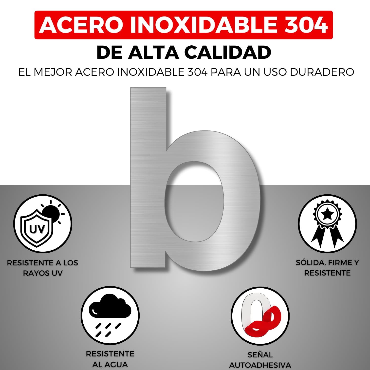 LEIASA | Numéro Adhésif Maison - 100 mm - Acier Inoxydable 304 - Nº B 
