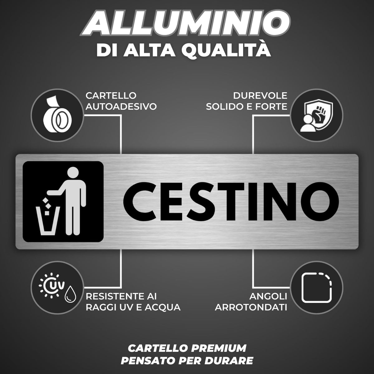 LEIASA | Segnale Cestino - 5x18 cm - Alluminio - Cartello Zona Rifiuti