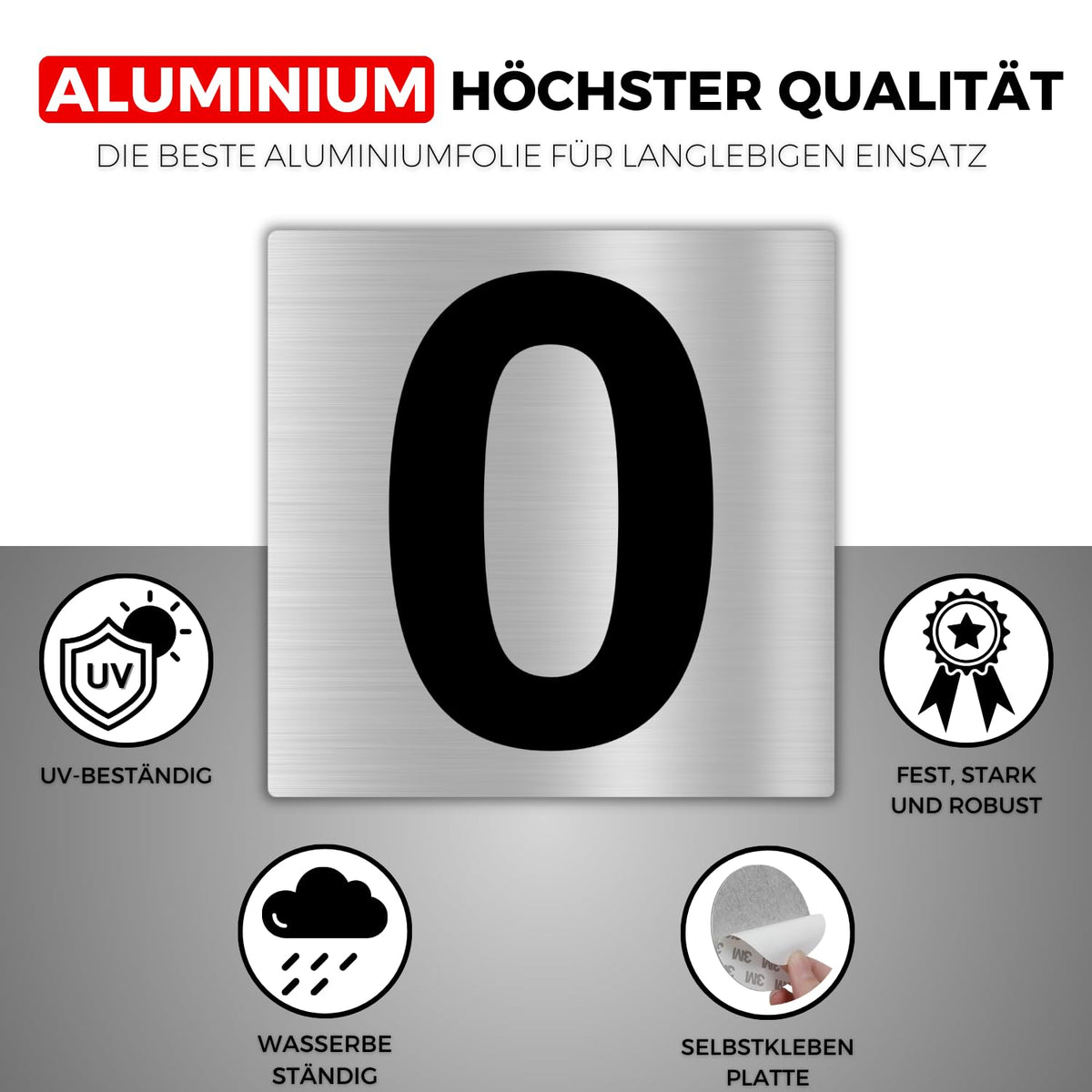 LEIASA | Selbstklebende Hausnummer - 10x10 cm - Aluminium - Nr. 0 - Wo