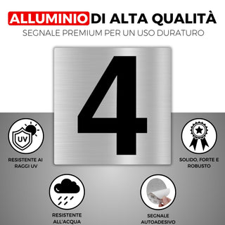 LEIASA | Numero Civico Adesivo - 10x10 cm - Alluminio - Nº 4 - Numero 