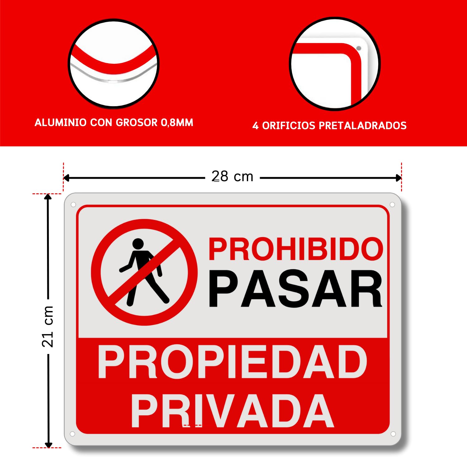 LEIASA Cartel Prohibido el Paso - 28x21 cm - Reflectante - Grosor 0.8 mm - Cartel Propiedad Privada