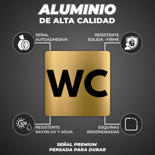 LEIASA | Señal Baño WC - 10x10 cm - Aluminio - Placa Aseos Públicos - Cartel Adhesivo Servicios - Indicador Puerta Lavabos - Rótulo Visible - Grosor 0.8mm - (WC)