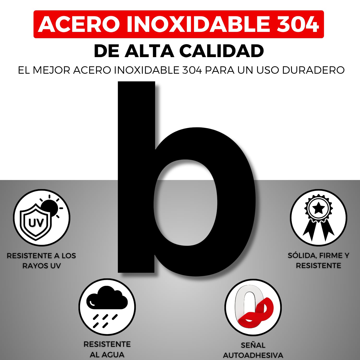 LEIASA | Número Adhesivo Casa - 150 mm - Acero Inoxidable 304 - Nº B - Número Apartamento Hotel - Enumeración Puertas - Número dirección - Exterior e Interior - Número B (b, 150 mm)