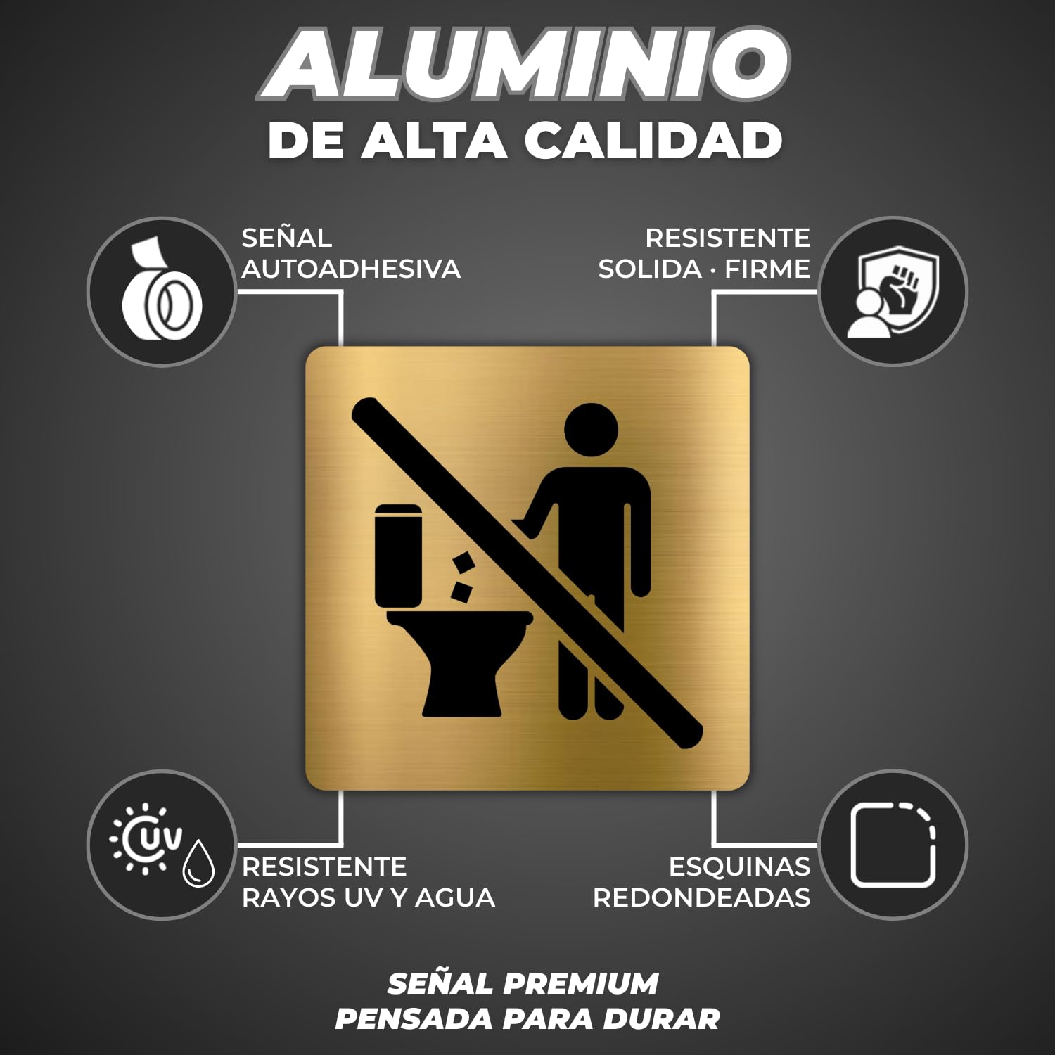 LEIASA | Cartel No Tirar al WC - 10x10 cm - Aluminio - Placa Prohibido Echar Papeles Inodoro - Señal Baño Adhesiva - Advertencia Tuberías - Indicador Aseo Resistente - Grosor 0.8mm - (No Tirar WC)